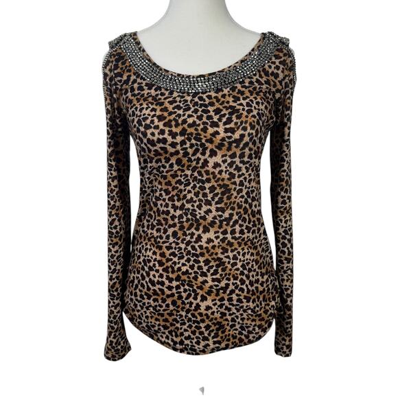 C. OLIVER Women S ANIMAL SILVER BEADED EMBELLISHED COLD SHOULDER CUT OUT TOP Y2K - Picture 1 of 8